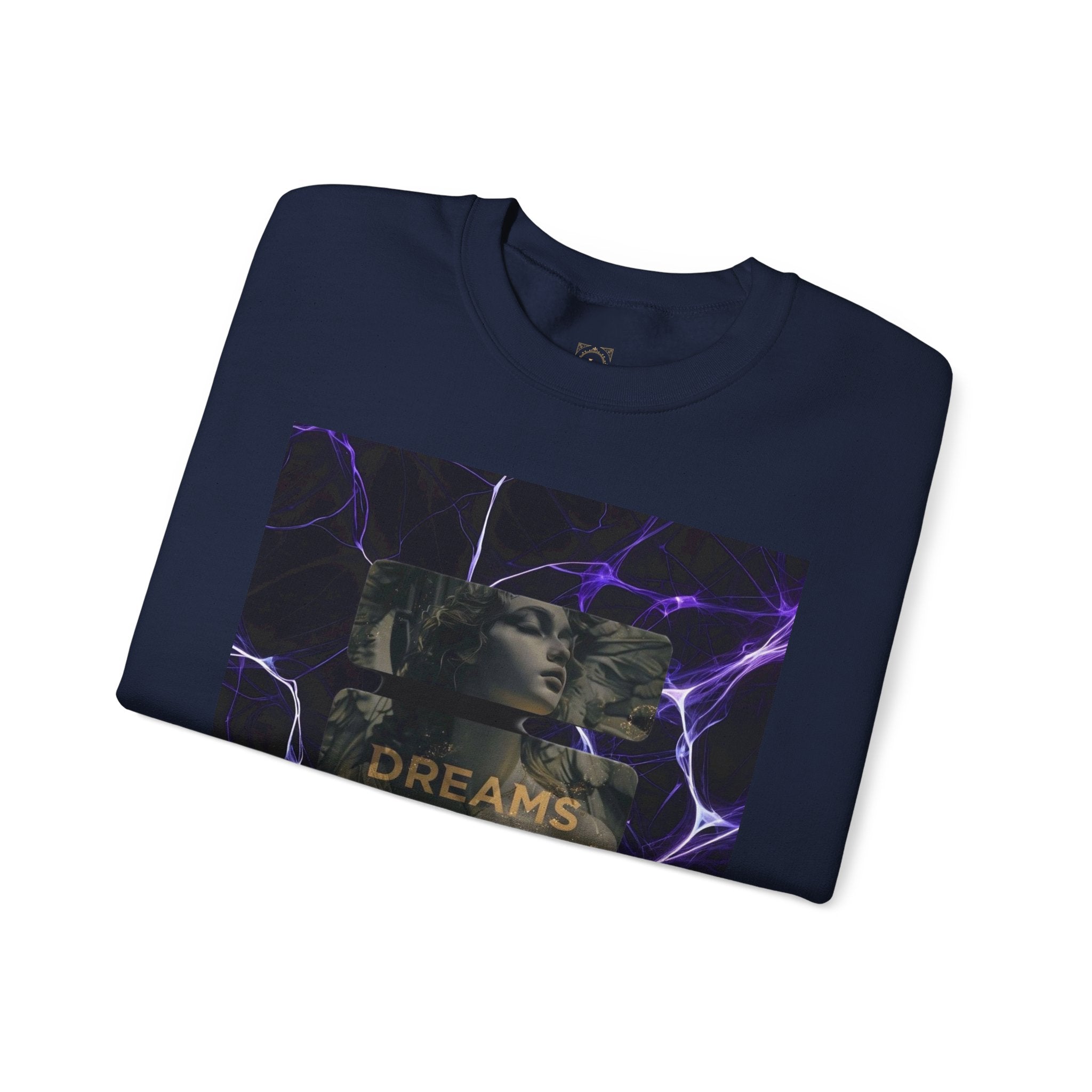 Dreams Statue Crewneck Sweatshirt — Retro Statue Graphic with Purple Lightning