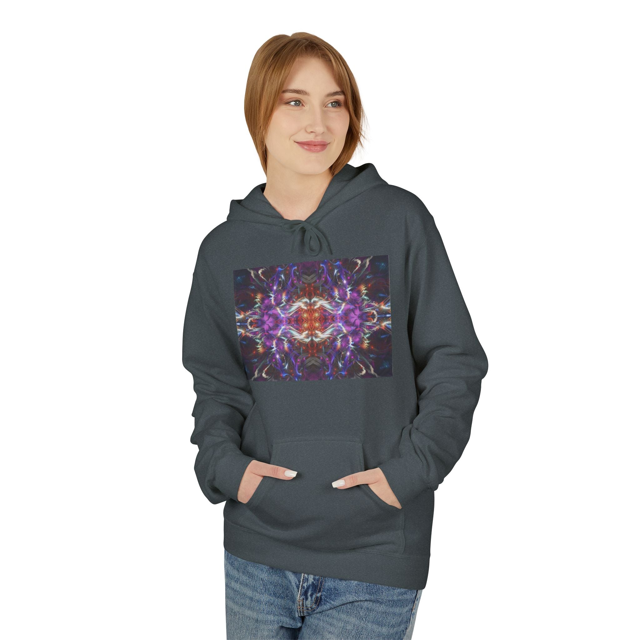 Kaleidoscope Neon Abstract Hoodie — Psychedelic Symmetry Graphic Sweatshirt