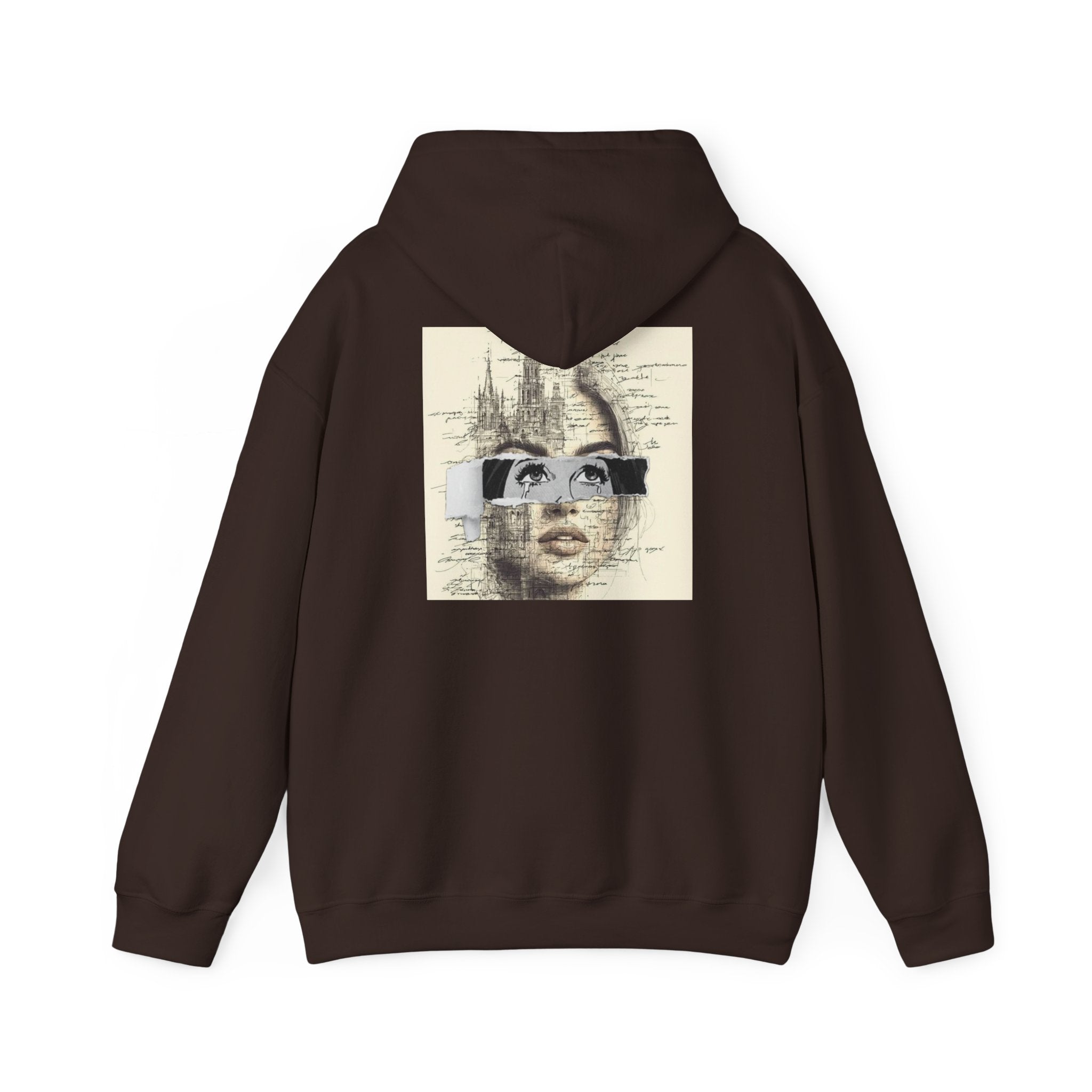 Artistic Face Collage Hoodie — Vintage Script Portrait Sweatshirt