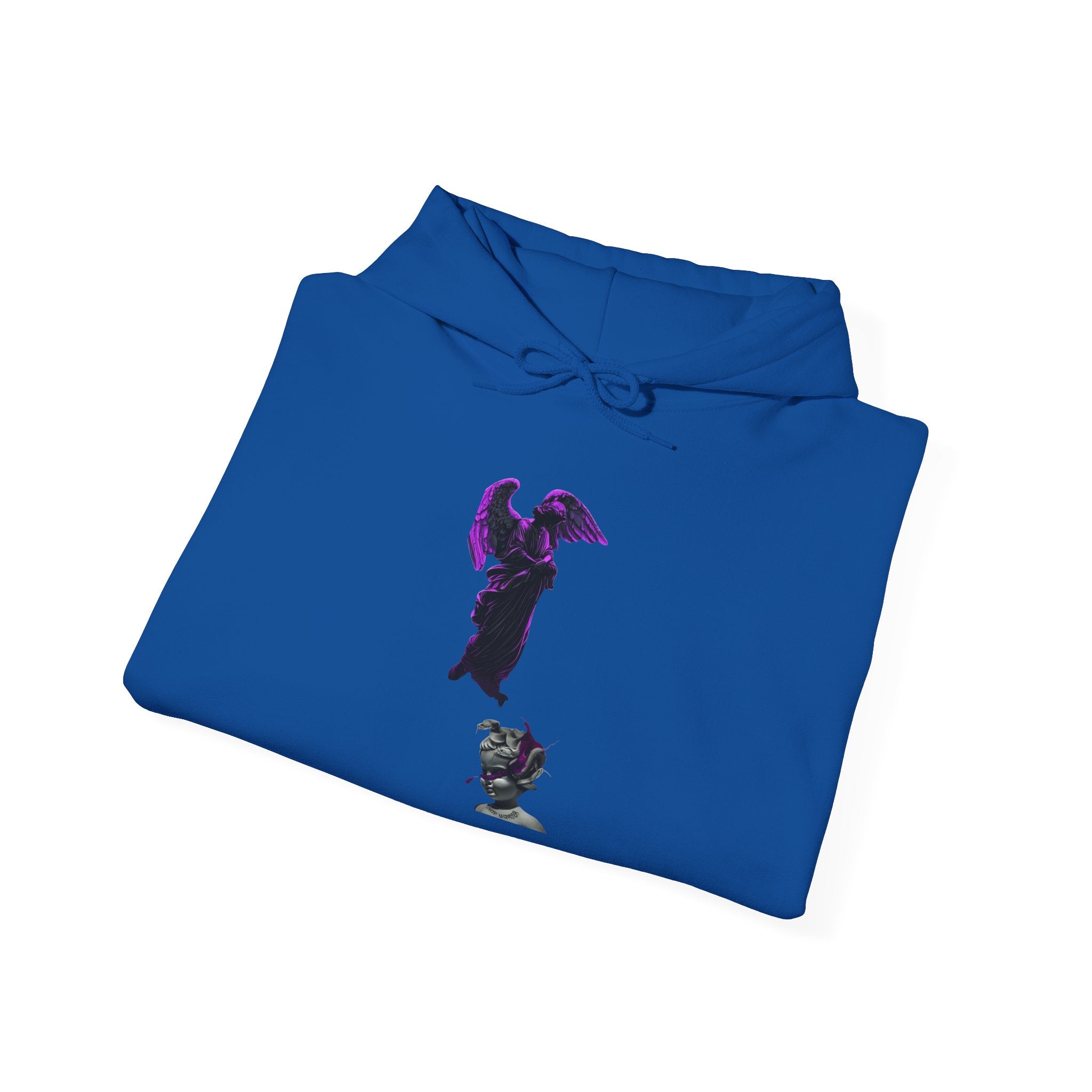 Angel Statue Hoodie — Gothic Purple Accent Sculptural Graphic Hoodie