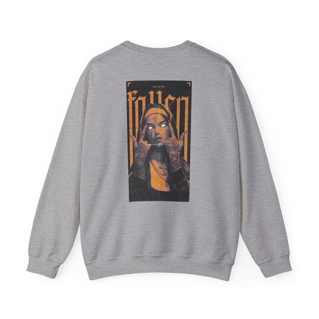 Fallen Gothic Crewneck Sweatshirt — Dark Tattooed Nun Graphic