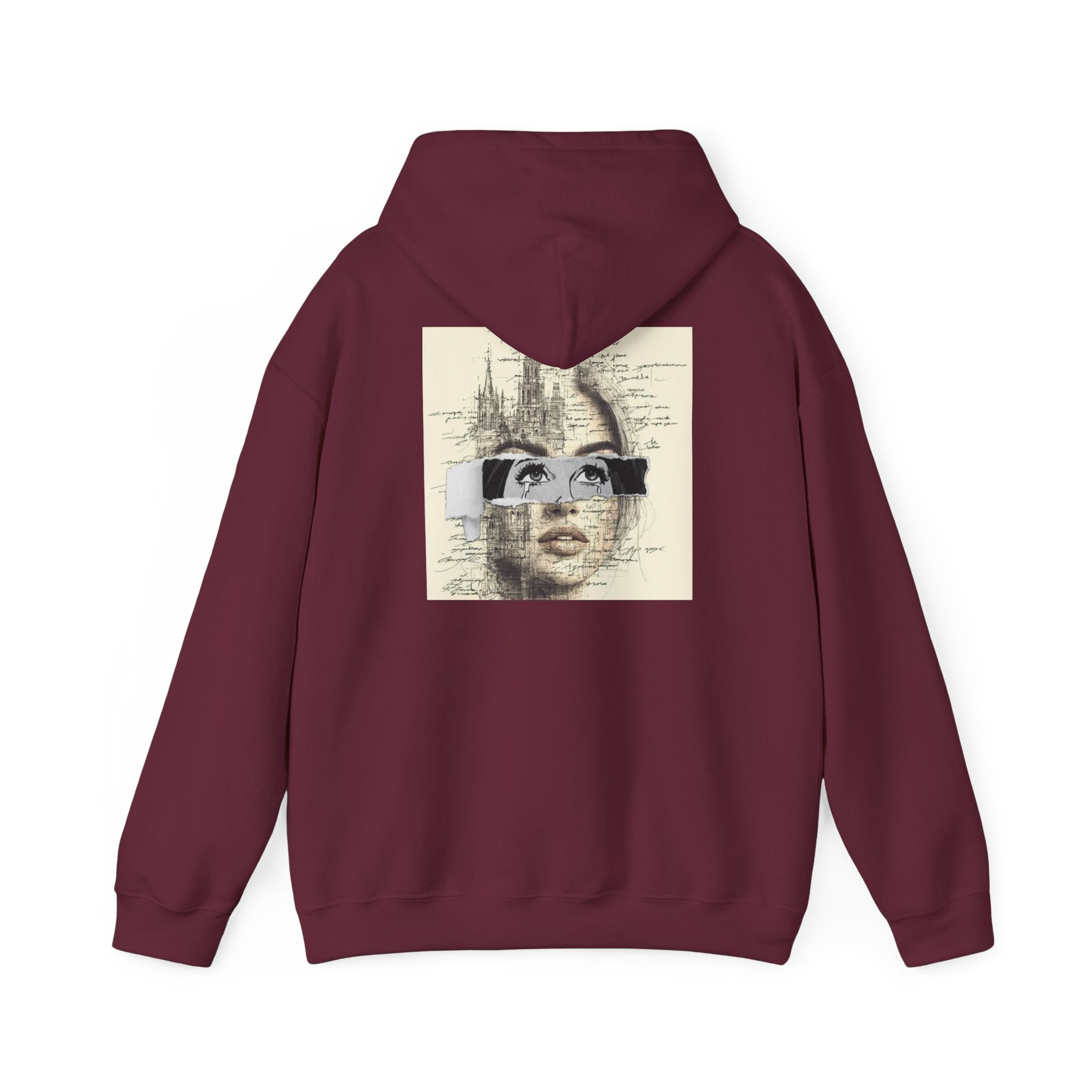 Artistic Face Collage Hoodie — Vintage Script Portrait Sweatshirt