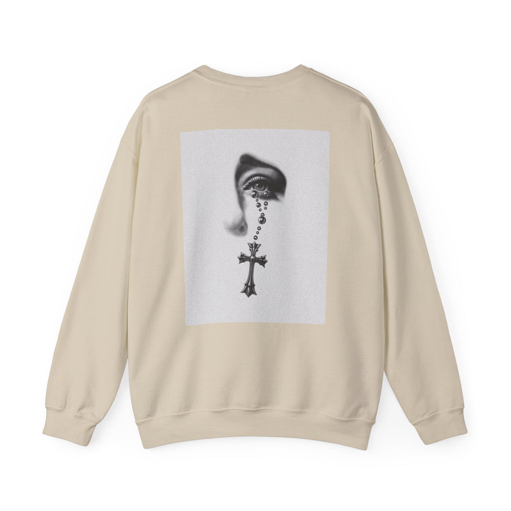 Rosary Tear Crewneck Sweatshirt — Gothic Eye & Cross Graphic