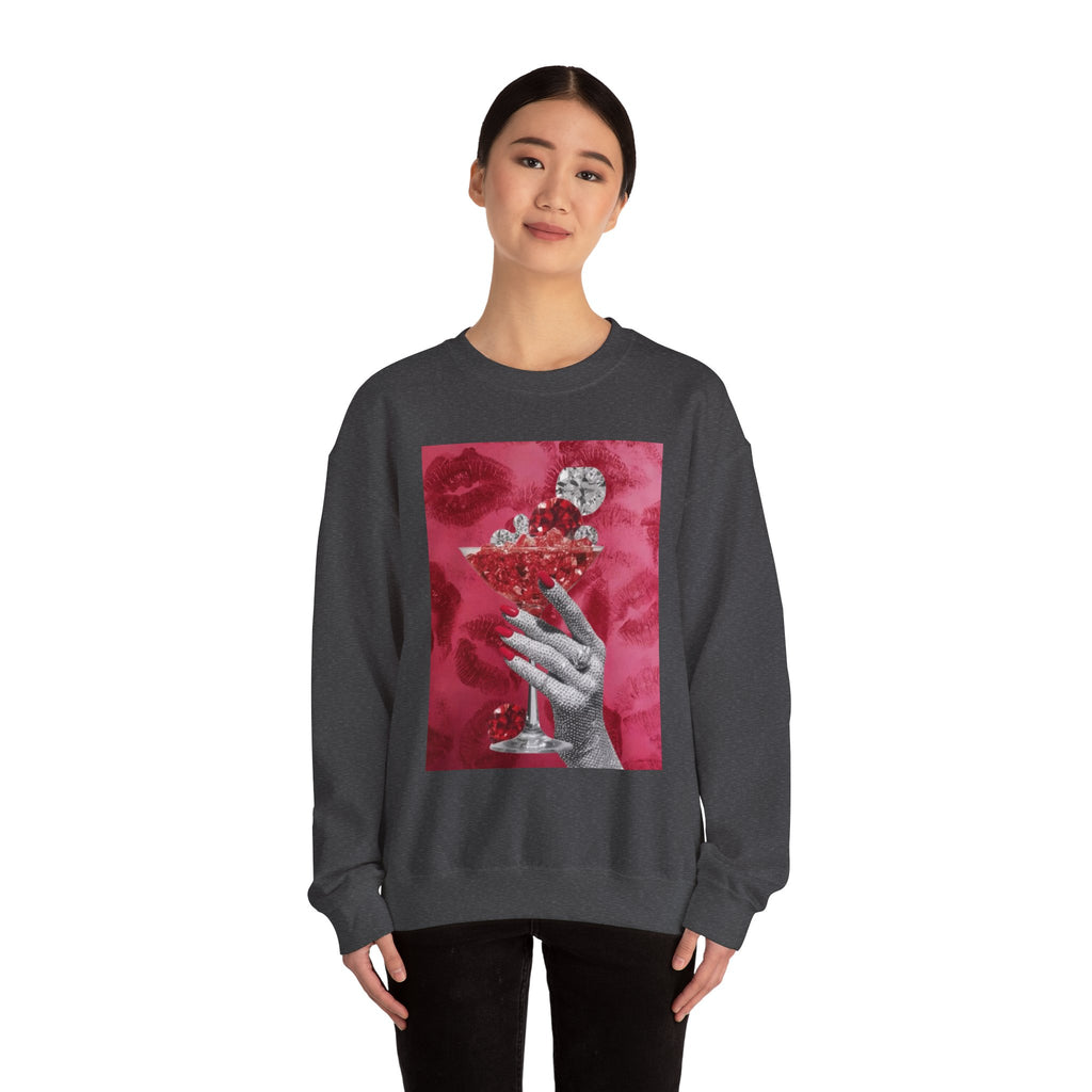Crewneck Sweatshirt — Glamorous Red Cocktail Collage (Hand Holding Glass, Lip Print)