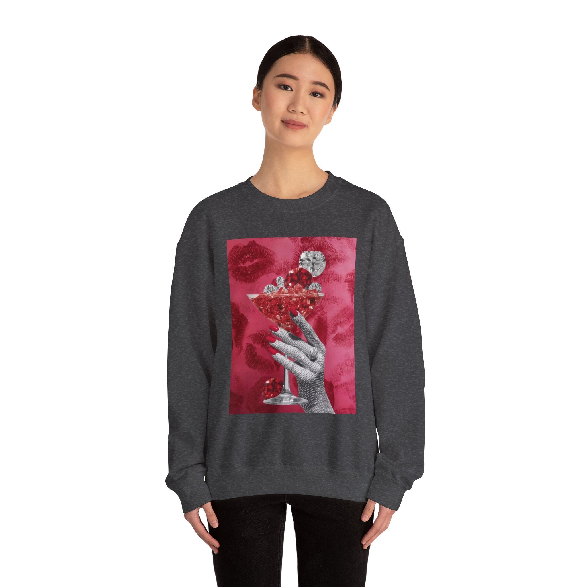 Crewneck Sweatshirt — Glamorous Red Cocktail Collage (Hand Holding Glass, Lip Print)