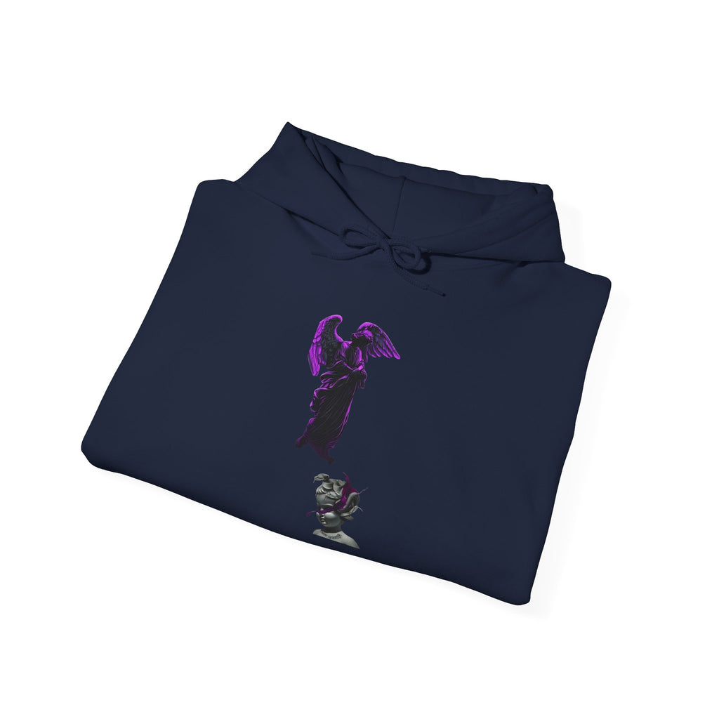 Angel Statue Hoodie — Gothic Purple Accent Sculptural Graphic Hoodie