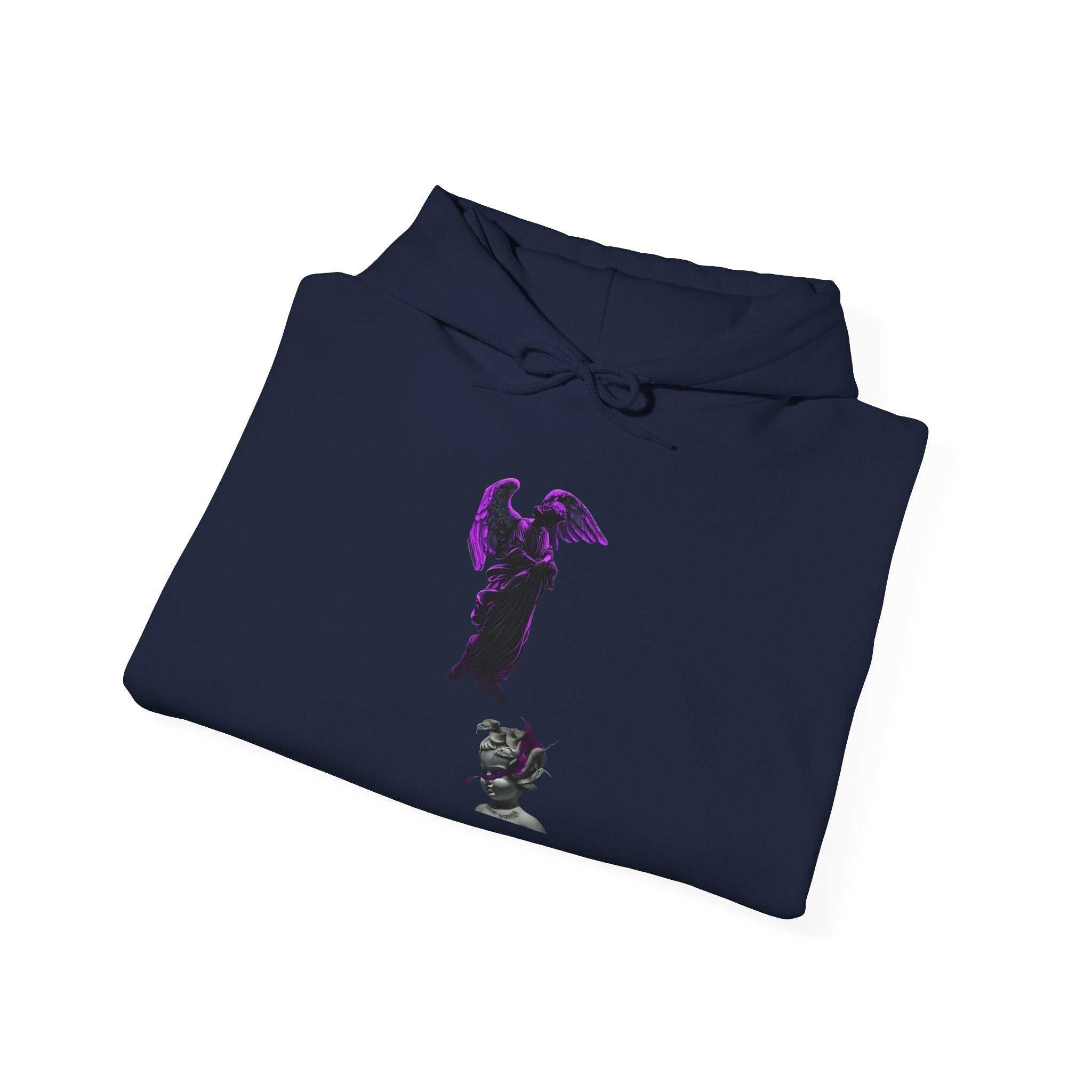 Angel Statue Hoodie — Gothic Purple Accent Sculptural Graphic Hoodie