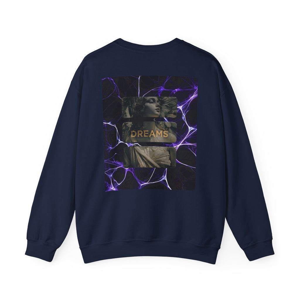 Dreams Statue Crewneck Sweatshirt — Retro Statue Graphic with Purple Lightning