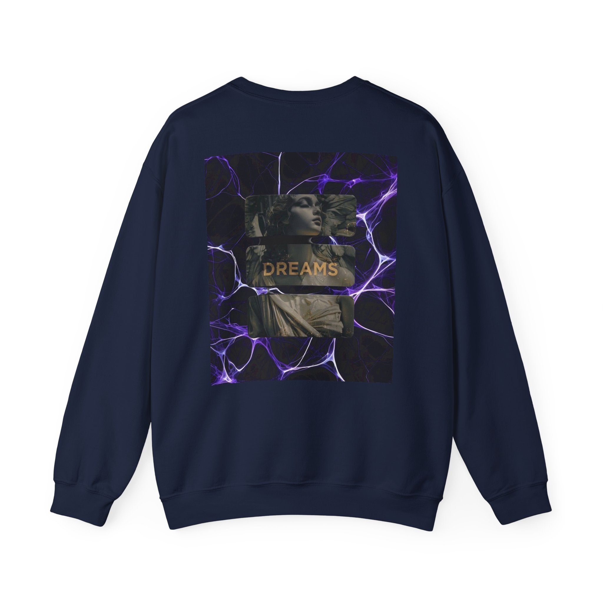 Dreams Statue Crewneck Sweatshirt — Retro Statue Graphic with Purple Lightning