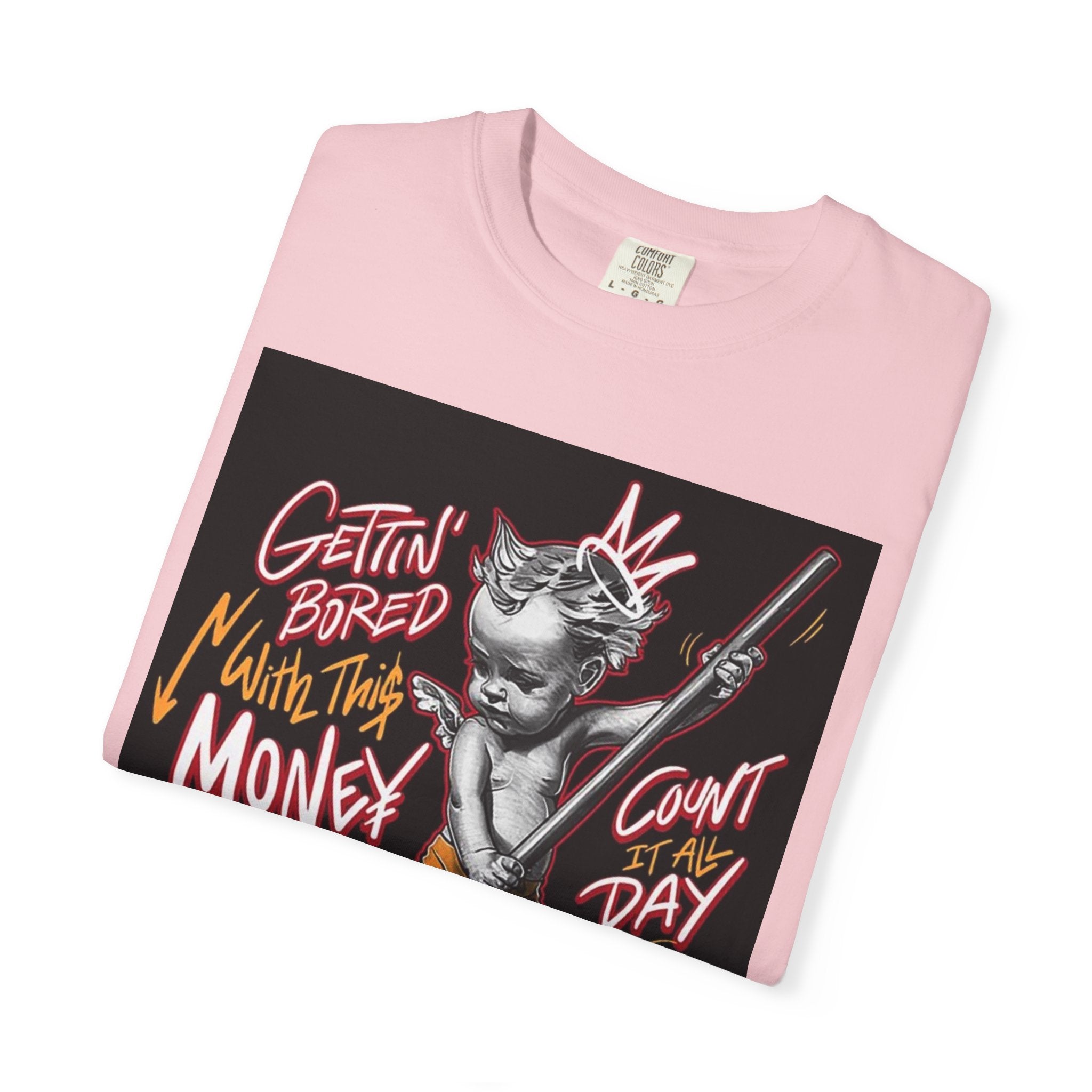 Cat Broomstick Money Tee — "Gettin' Bored With This Money" Graphic T-Shirt