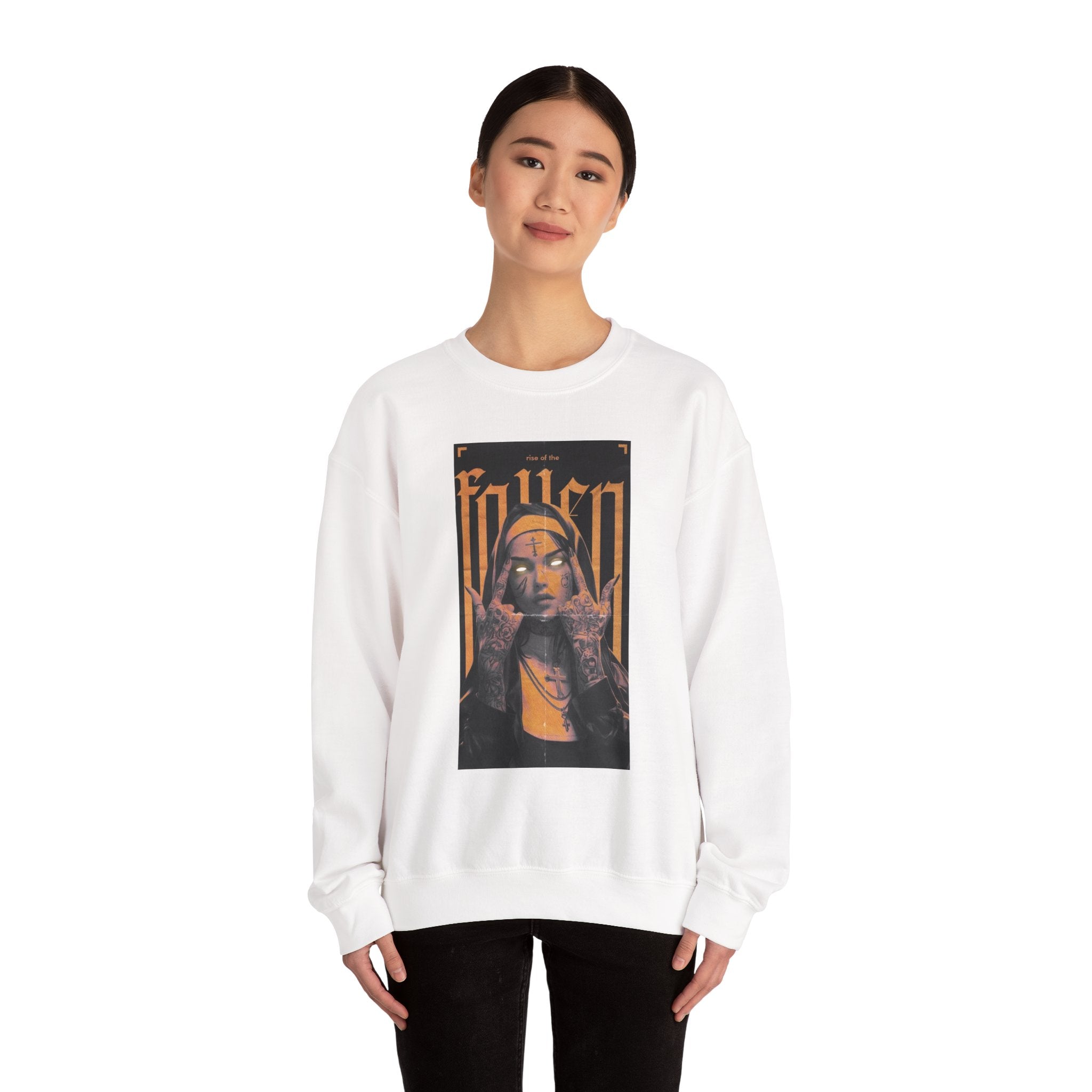 Fallen Gothic Crewneck Sweatshirt — Dark Tattooed Nun Graphic