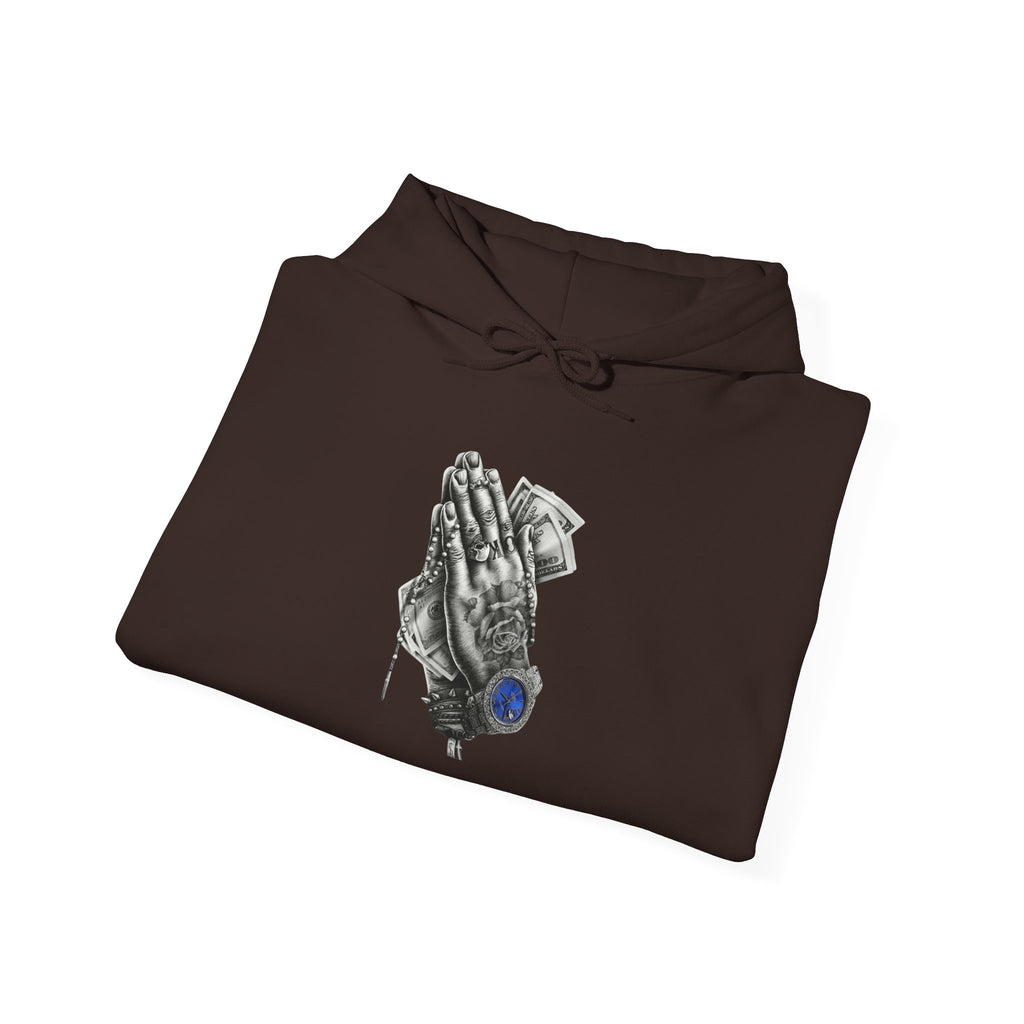 Hoodie — Praying Hands Graphic Hoodie with Blue Rose Accent