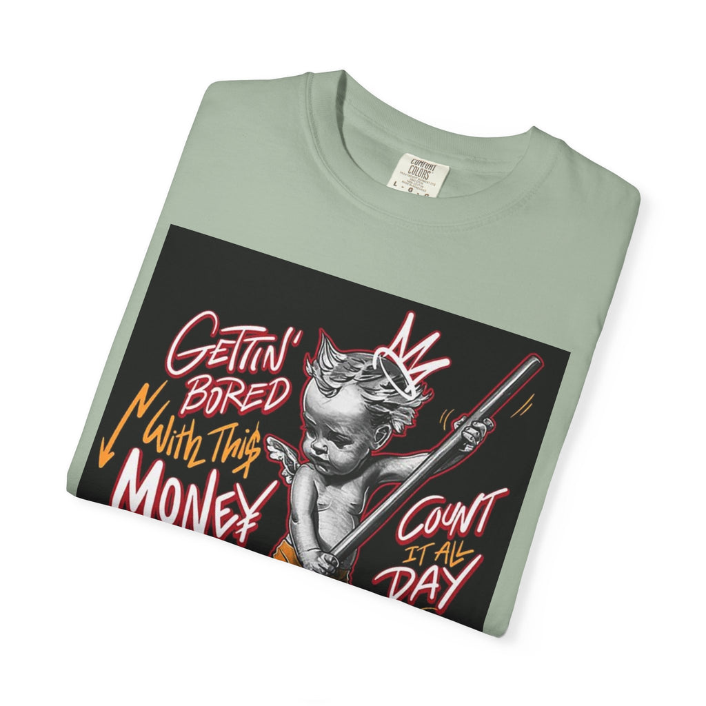 Cat Broomstick Money Tee — "Gettin' Bored With This Money" Graphic T-Shirt