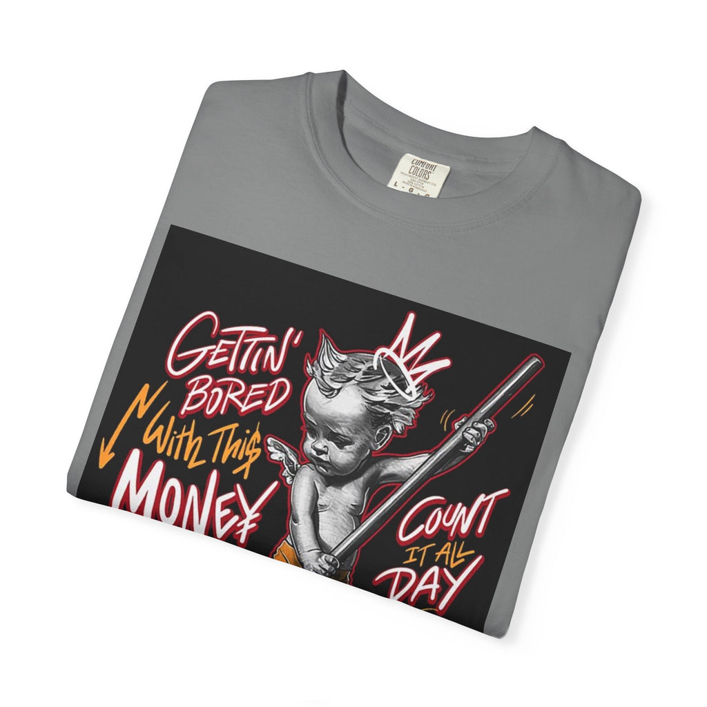 Cat Broomstick Money Tee — "Gettin' Bored With This Money" Graphic T-Shirt