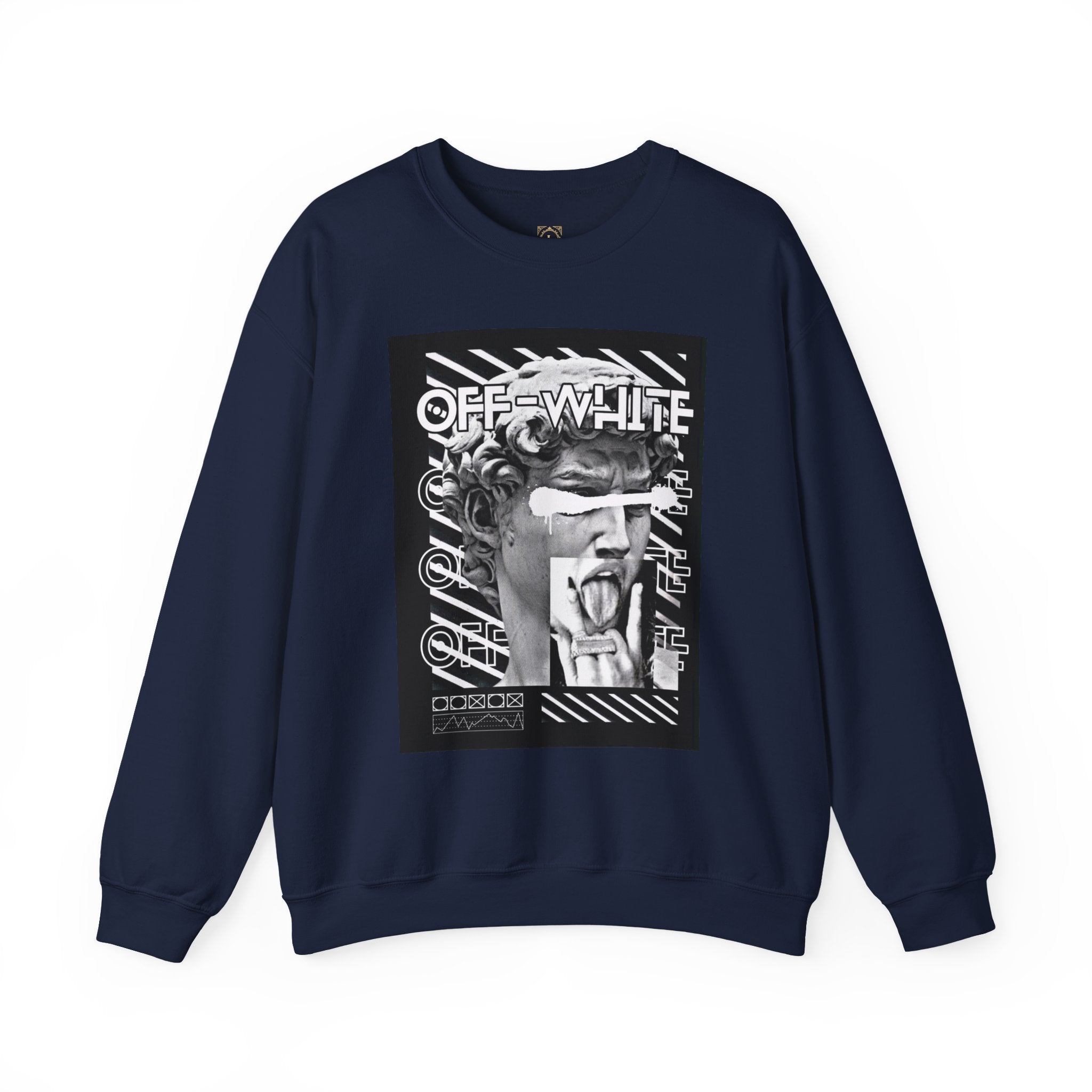 Statue Graphic Crewneck Sweatshirt — 'OFF-WHITE' Monochrome Streetwear Pullover