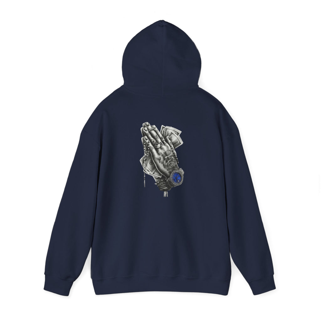 Hoodie — Praying Hands Graphic Hoodie with Blue Rose Accent