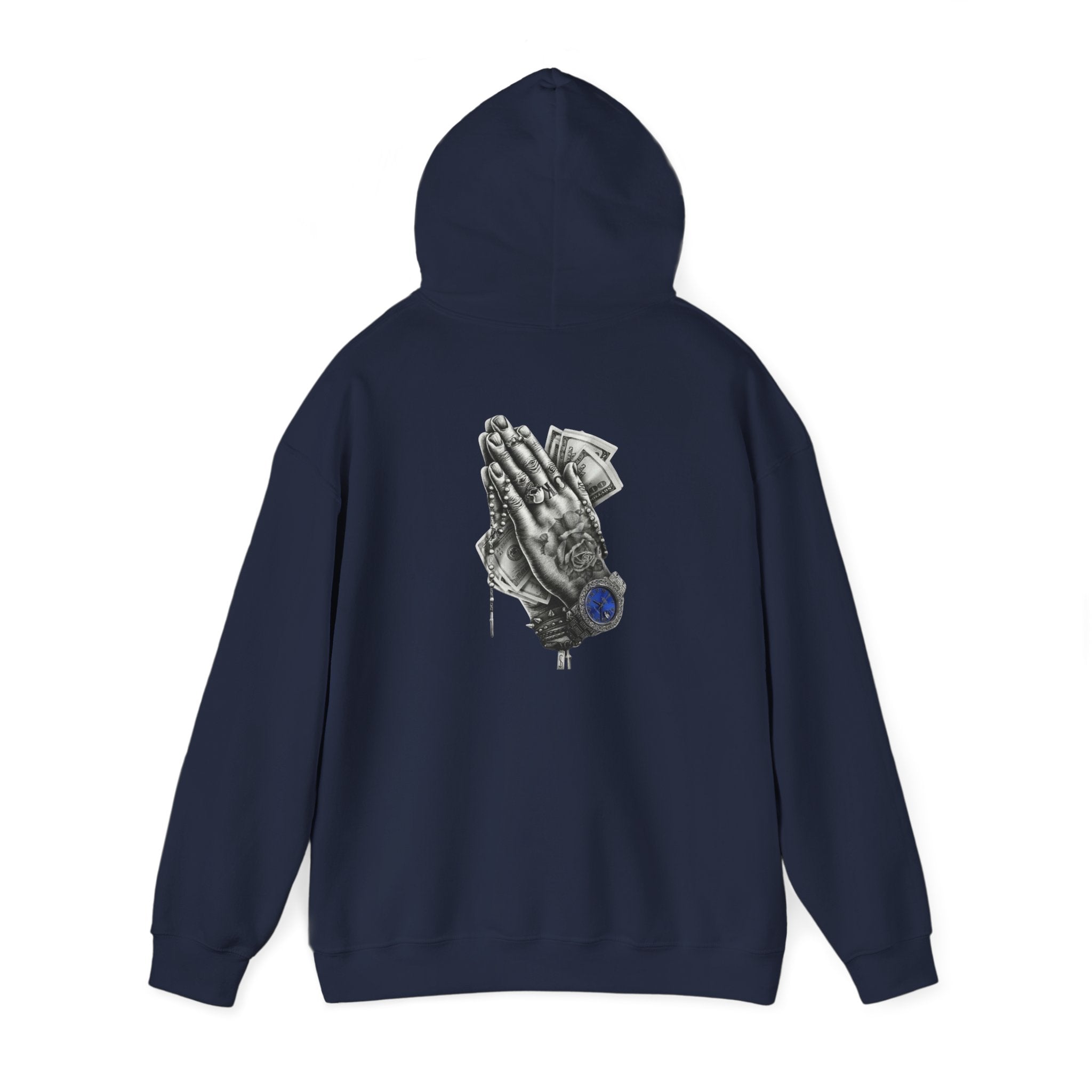 Hoodie — Praying Hands Graphic Hoodie with Blue Rose Accent