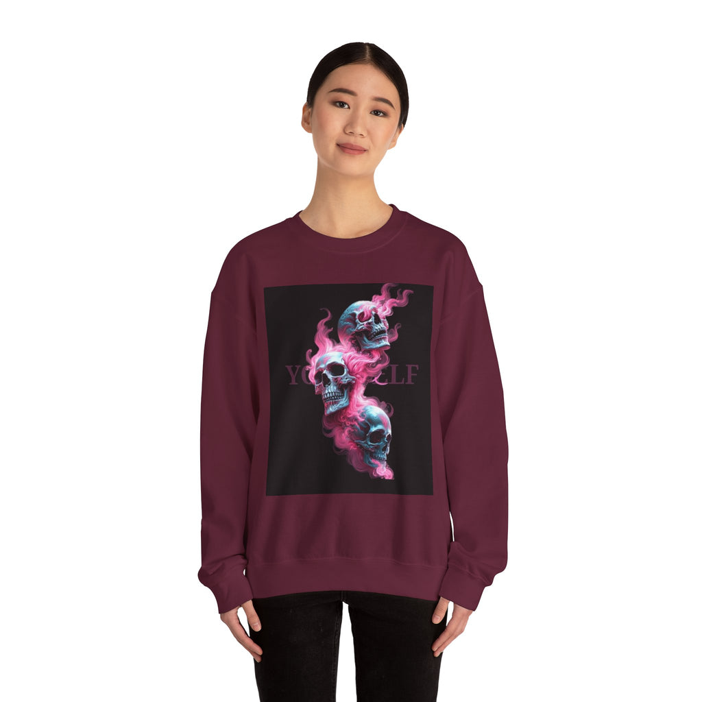 Skull Smoke Crewneck Sweatshirt — Neon Pink & Blue Gothic Graphic