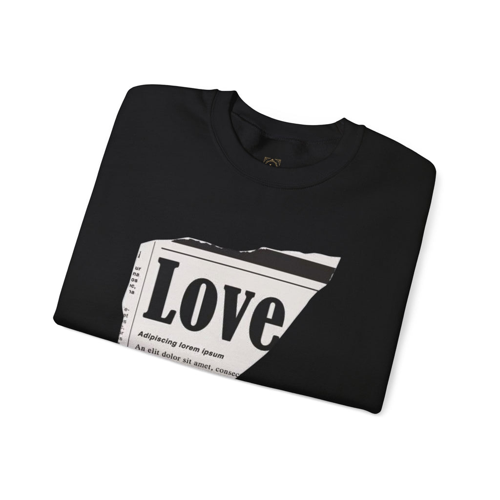 Crewneck Sweatshirt — 'Love' Newspaper Graphic with 'Oh Wait,' Text