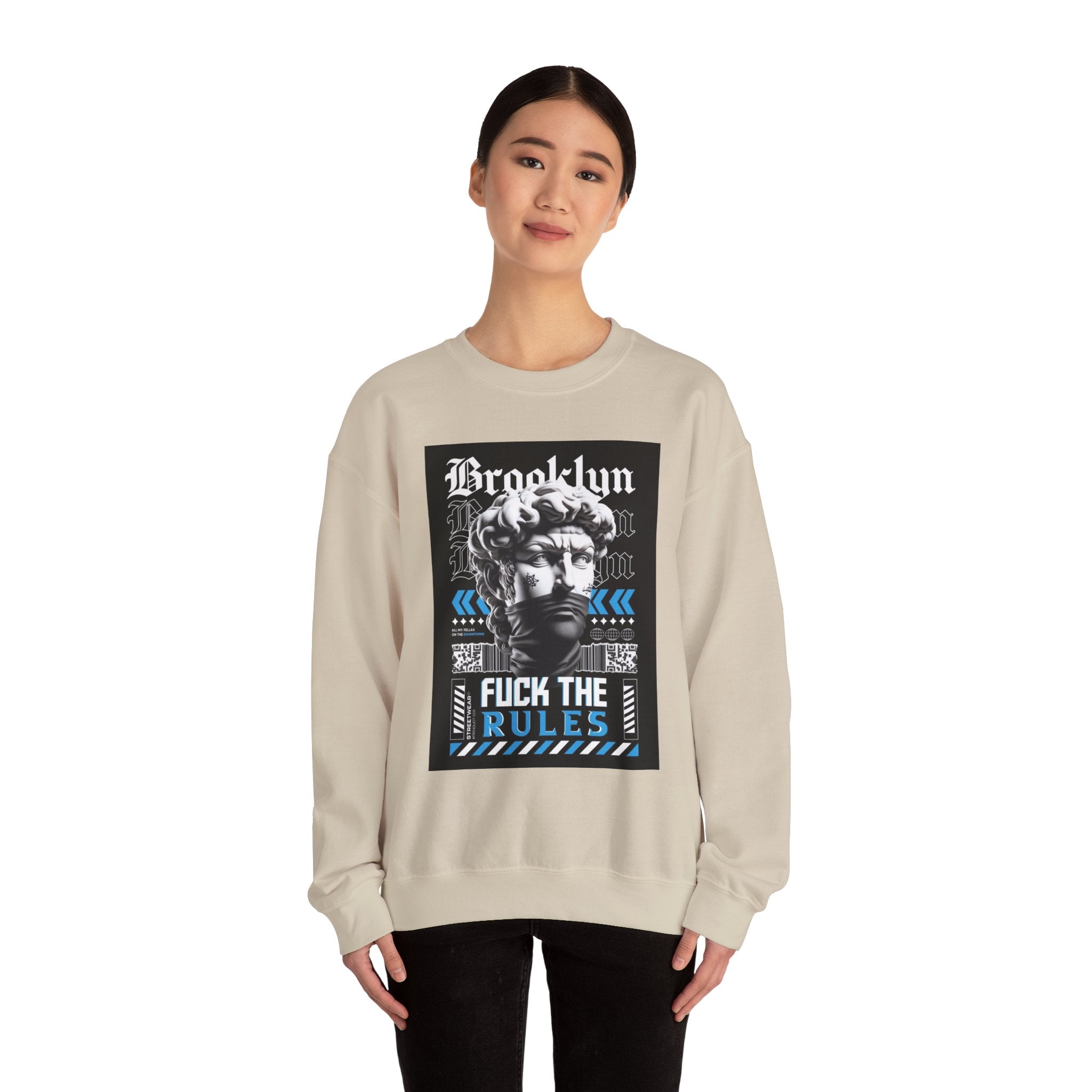 Crewneck Sweatshirt — 'Brooklyn' Statue Graphic with “Fuck the Rules” Streetwear Slogan
