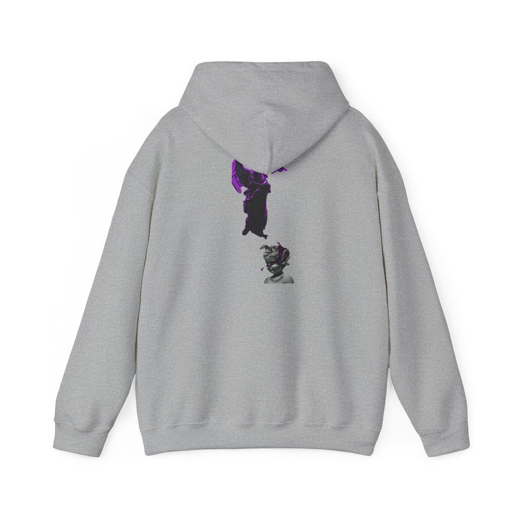 Angel Statue Hoodie — Gothic Purple Accent Sculptural Graphic Hoodie
