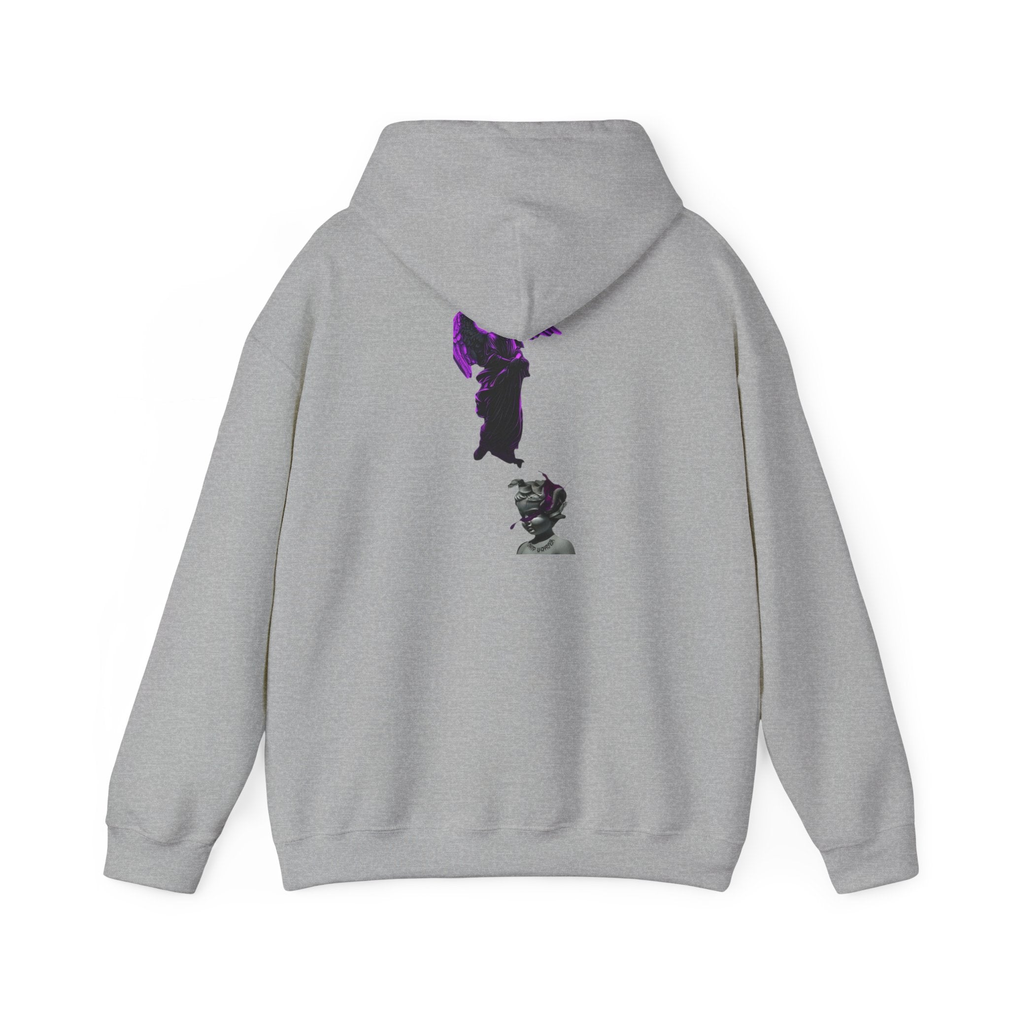Angel Statue Hoodie — Gothic Purple Accent Sculptural Graphic Hoodie