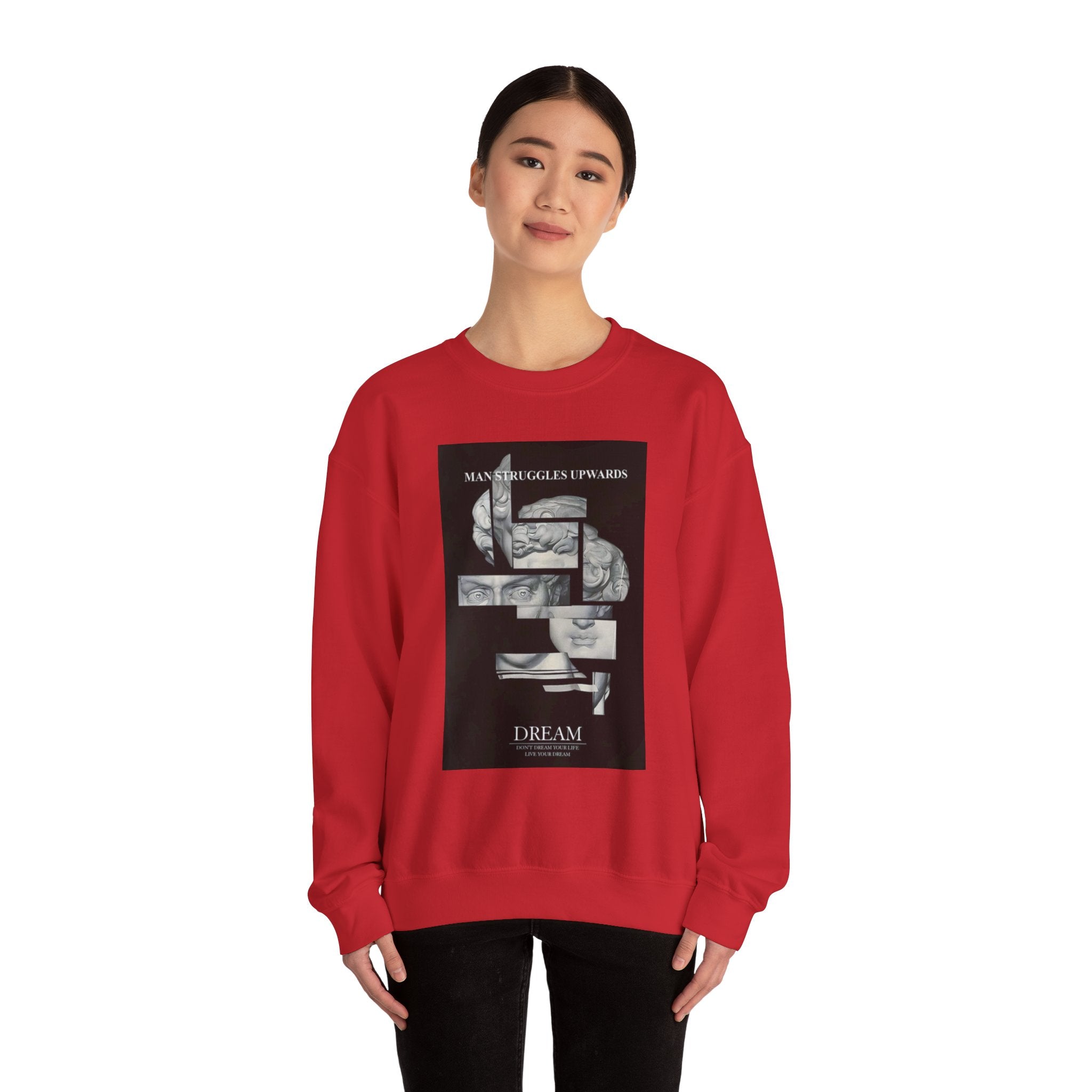 Dream Fragment Crewneck Sweatshirt — 'Man Struggles Upwards' Statue Collage