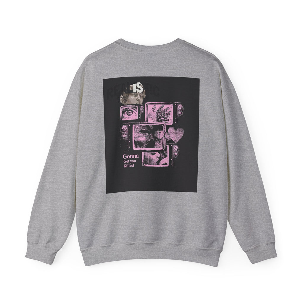 Crewneck Sweatshirt — Pink Collage Eyes Graphic “Gonna Get You, Kiddo”