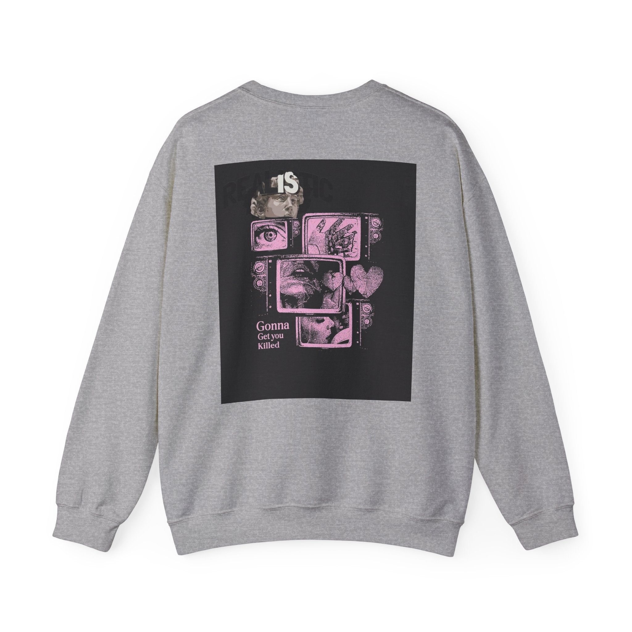 Crewneck Sweatshirt — Pink Collage Eyes Graphic “Gonna Get You, Kiddo”