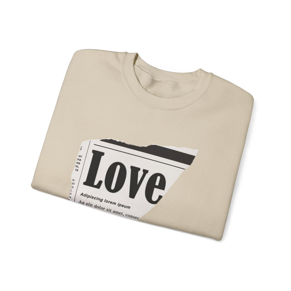 Crewneck Sweatshirt — 'Love' Newspaper Graphic with 'Oh Wait,' Text
