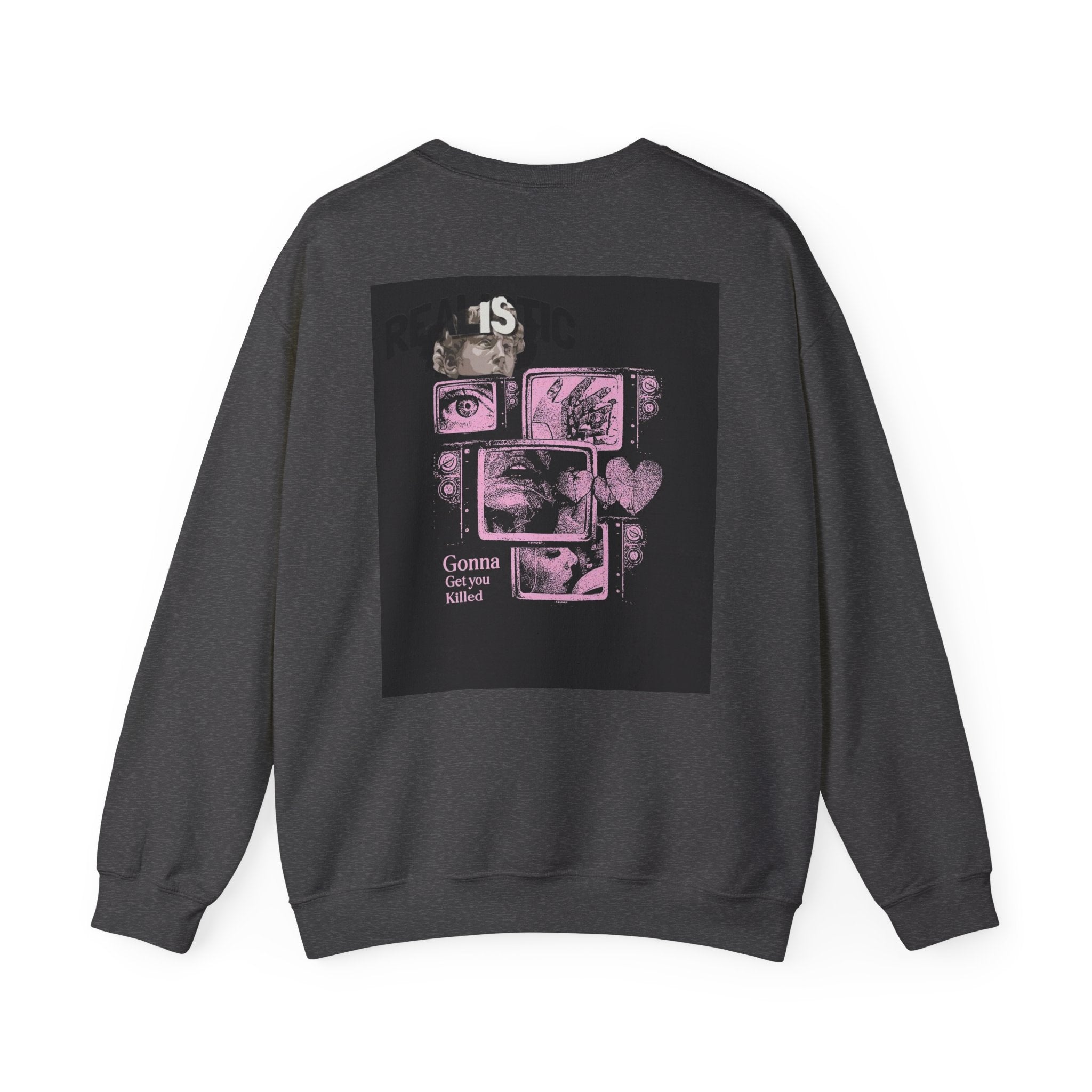 Crewneck Sweatshirt — Pink Collage Eyes Graphic “Gonna Get You, Kiddo”