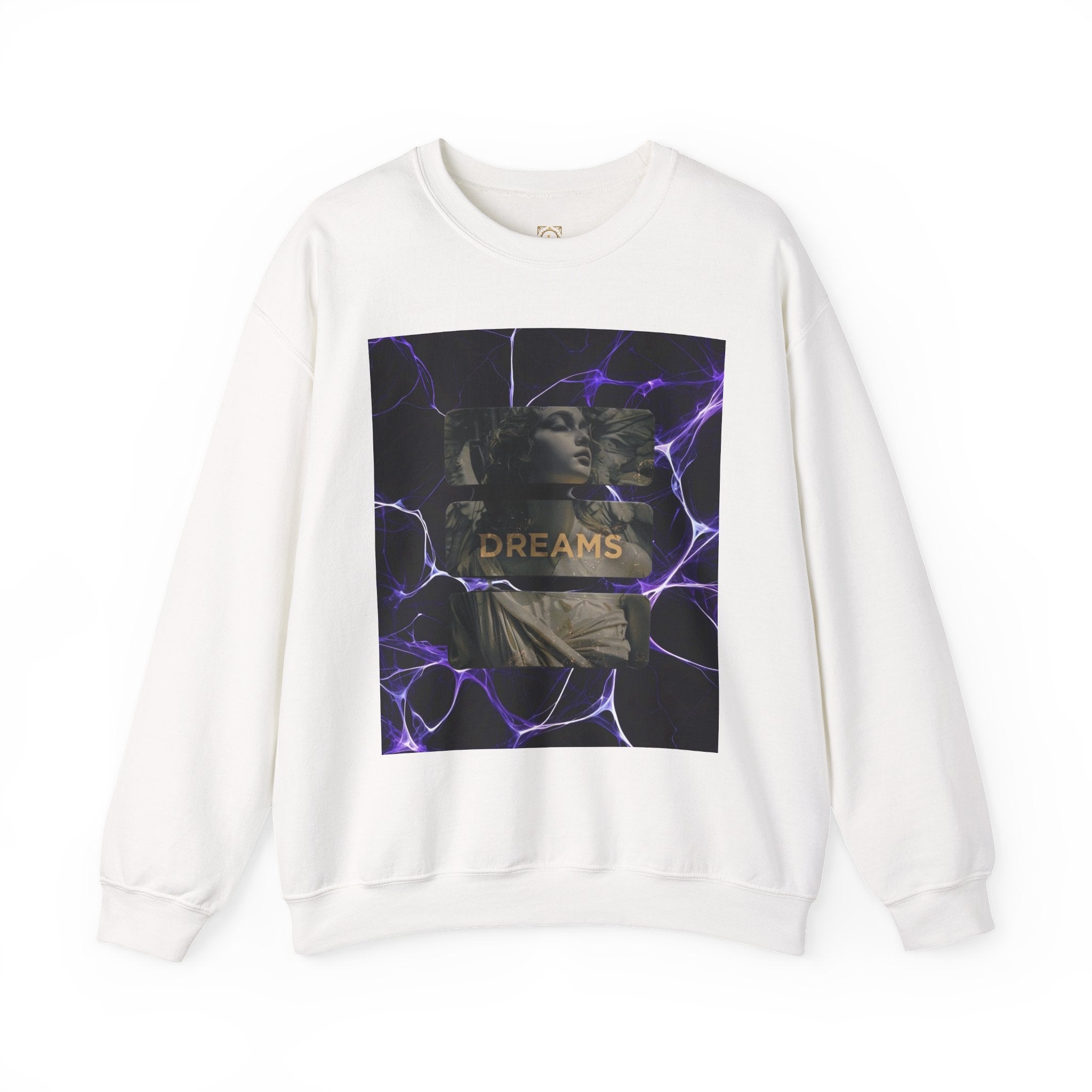 Dreams Statue Crewneck Sweatshirt — Retro Statue Graphic with Purple Lightning
