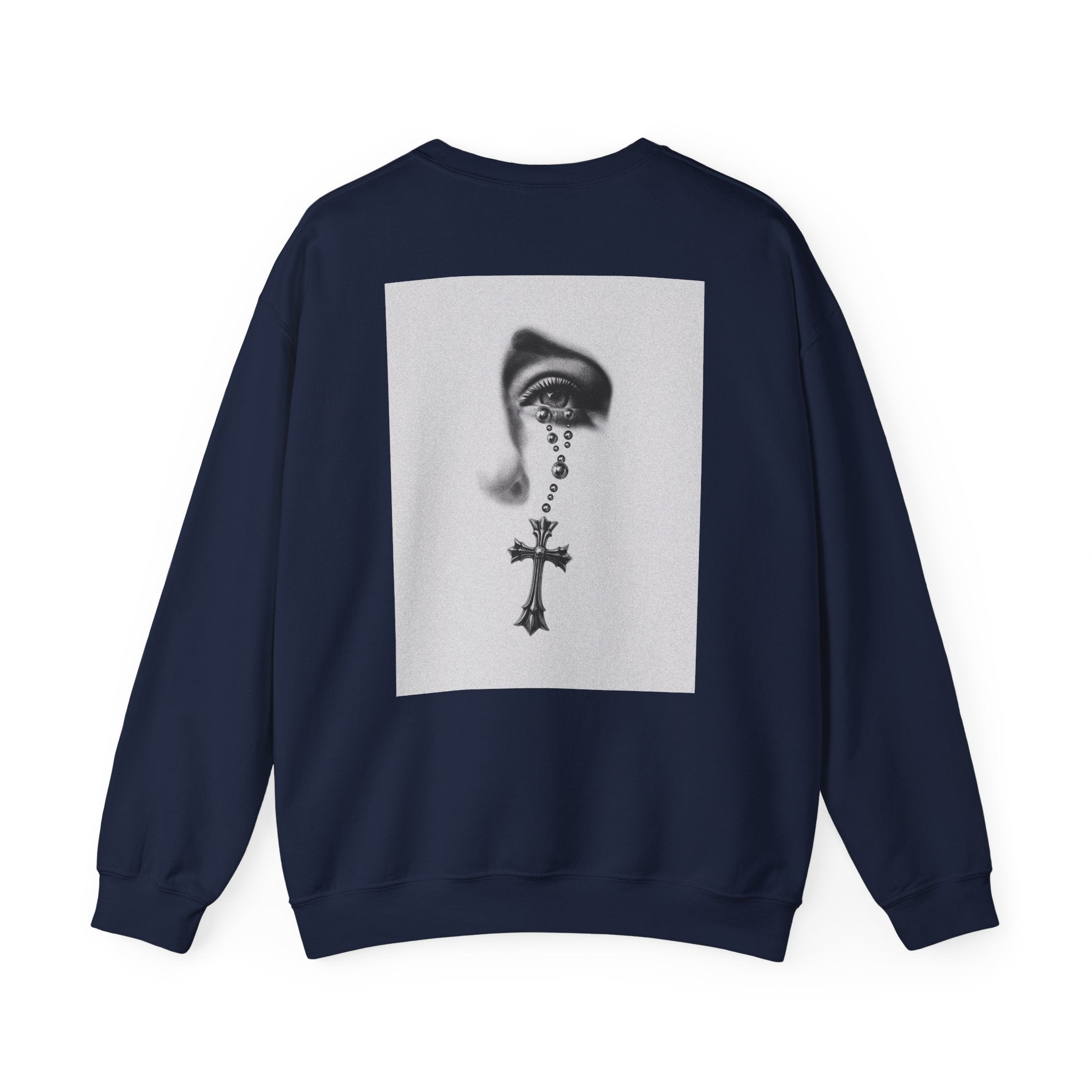 Rosary Tear Crewneck Sweatshirt — Gothic Eye & Cross Graphic