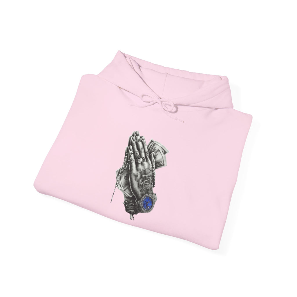 Hoodie — Praying Hands Graphic Hoodie with Blue Rose Accent