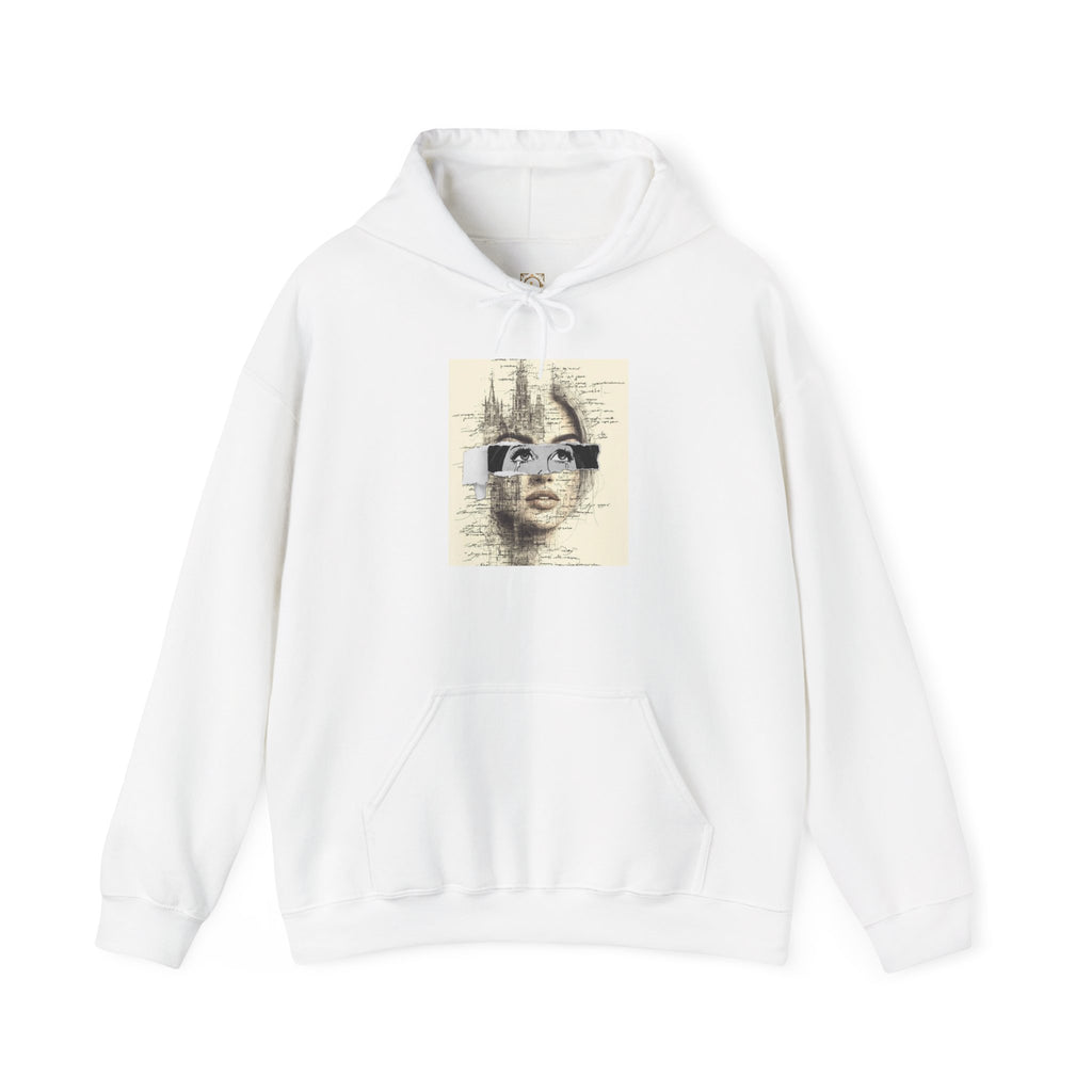 Artistic Face Collage Hoodie — Vintage Script Portrait Sweatshirt