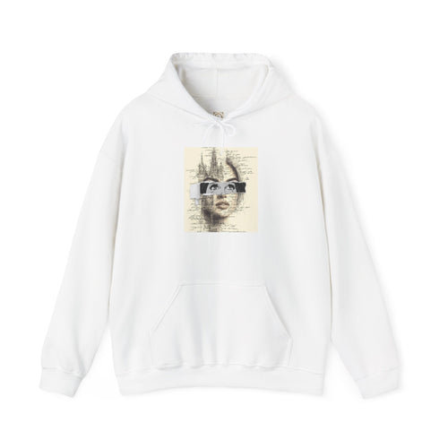 Artistic Face Collage Hoodie — Vintage Script Portrait Sweatshirt