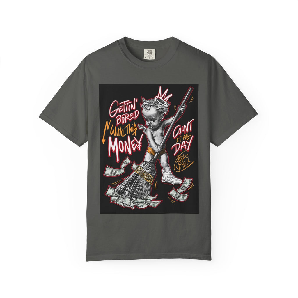 Cat Broomstick Money Tee — "Gettin' Bored With This Money" Graphic T-Shirt