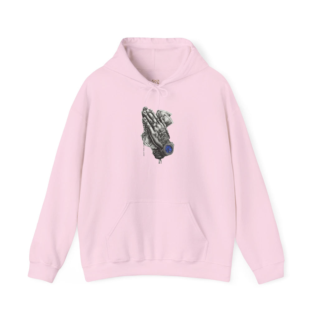 Hoodie — Praying Hands Graphic Hoodie with Blue Rose Accent