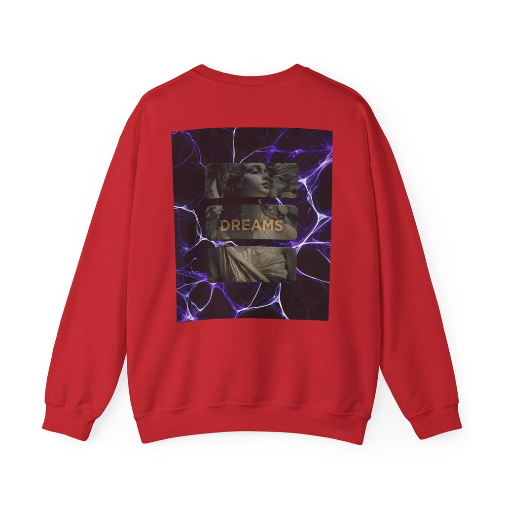 Dreams Statue Crewneck Sweatshirt — Retro Statue Graphic with Purple Lightning