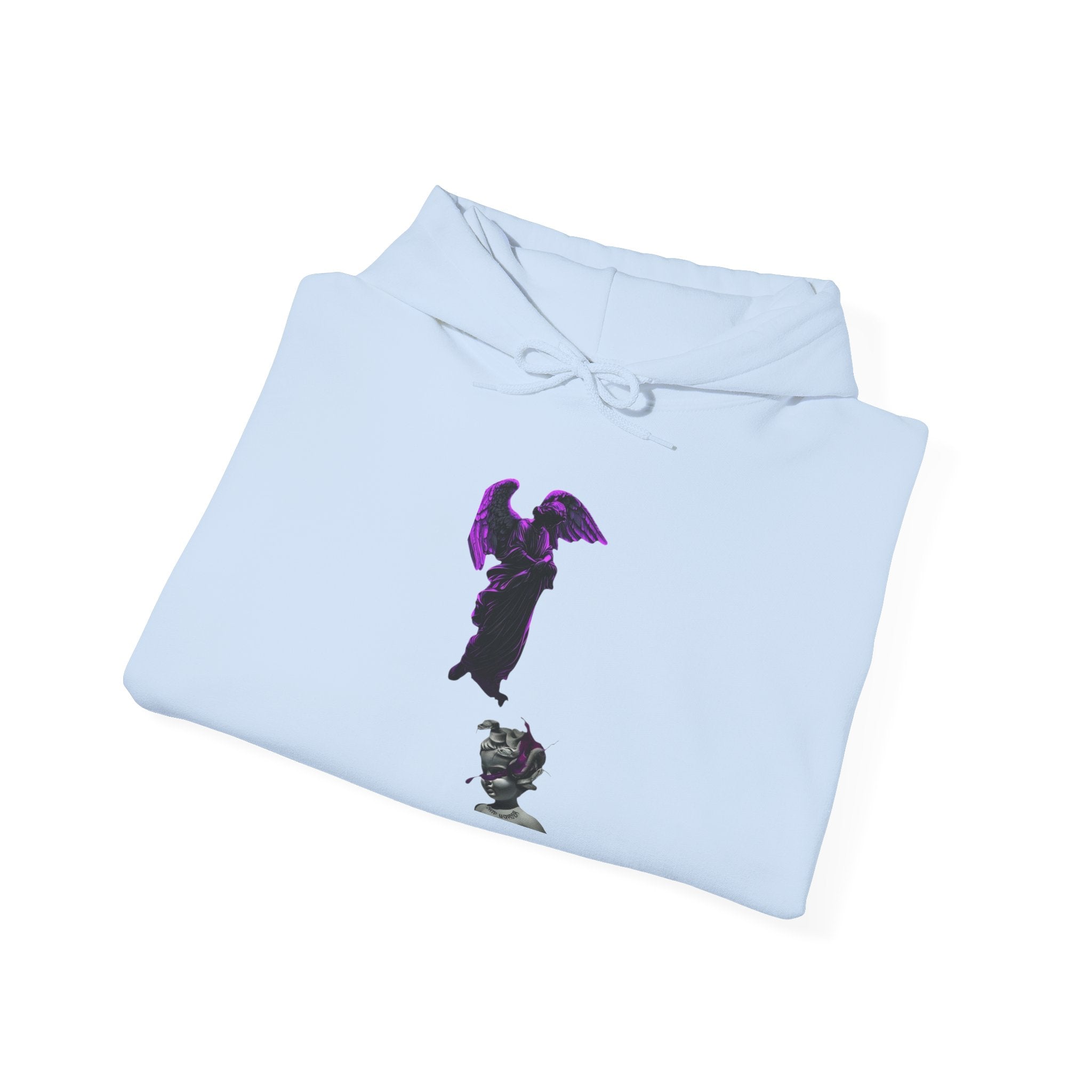Angel Statue Hoodie — Gothic Purple Accent Sculptural Graphic Hoodie
