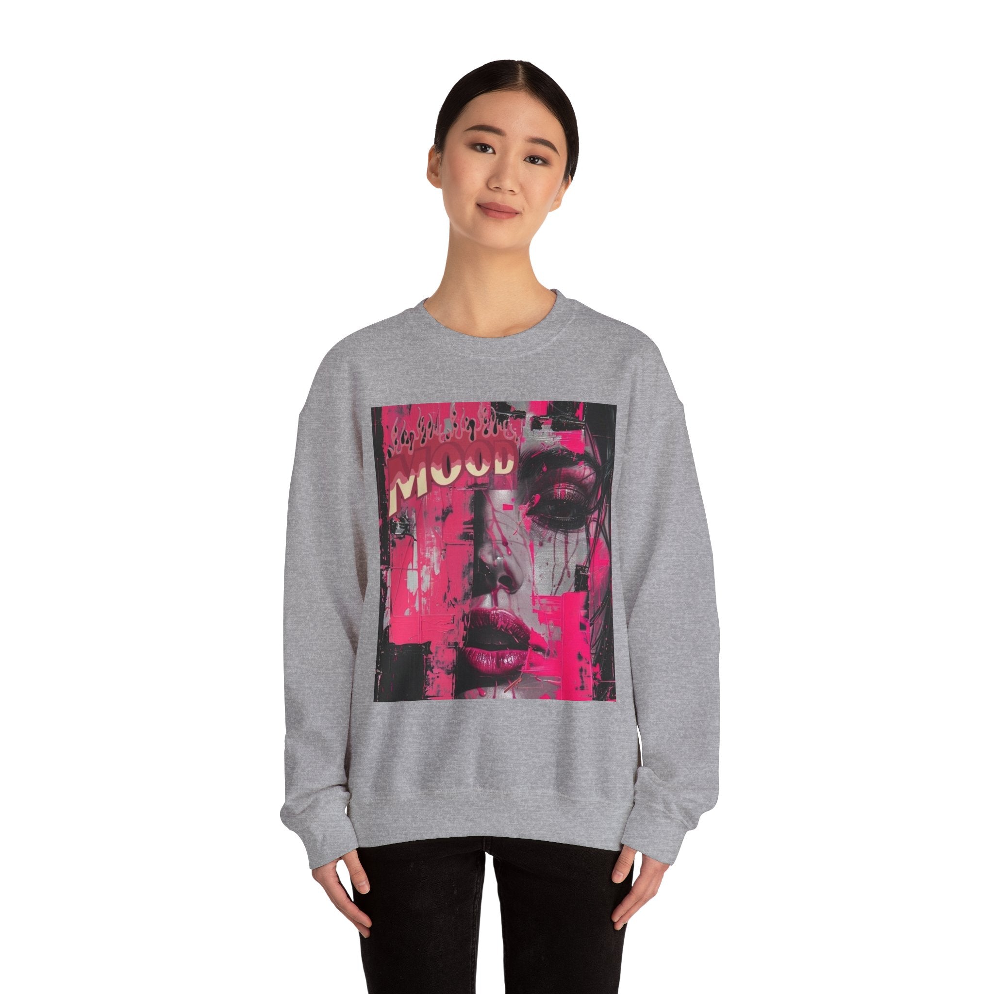 Graphic Crewneck Sweatshirt — Pink Glitch Portrait “MOOD”