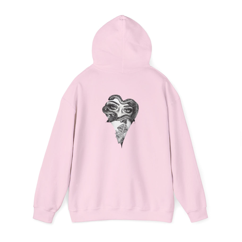 Abstract Heart Mask Hoodie — Surreal Black & White Graphic Pullover