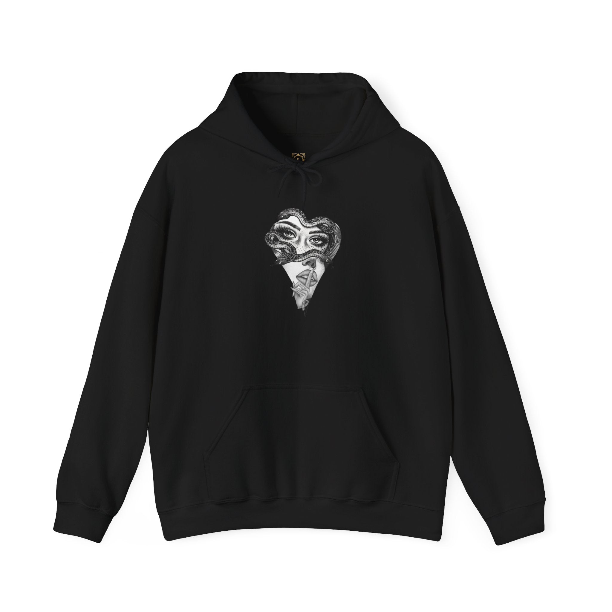 Abstract Heart Mask Hoodie — Surreal Black & White Graphic Pullover