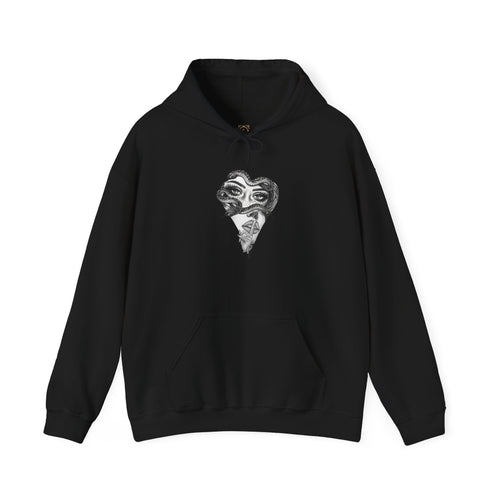 Abstract Heart Mask Hoodie — Surreal Black & White Graphic Pullover