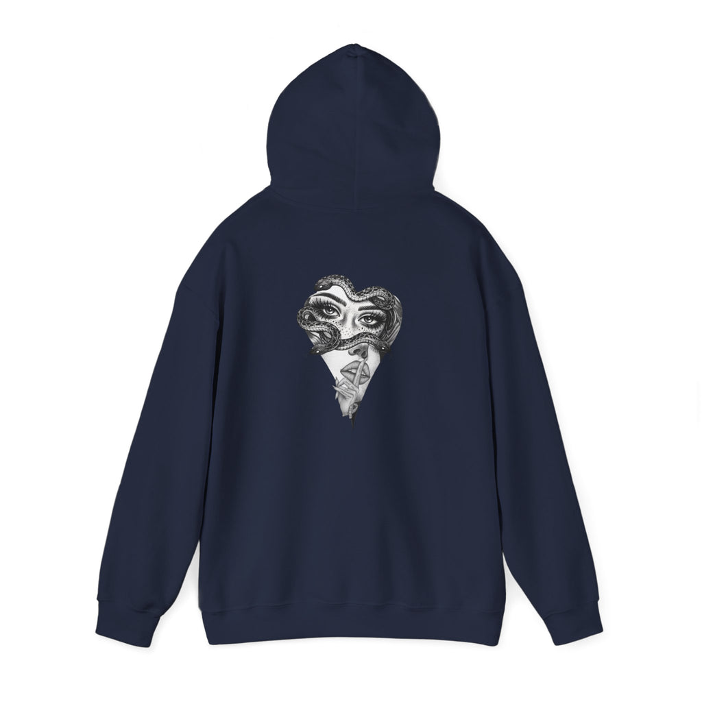 Abstract Heart Mask Hoodie — Surreal Black & White Graphic Pullover