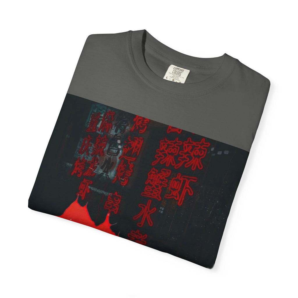 Horror Portrait Tee — Dripping Red Face with Japanese Script Graphic