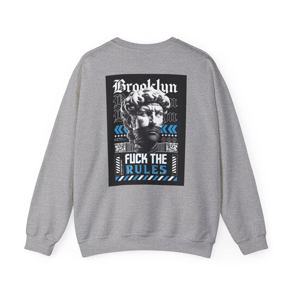 Crewneck Sweatshirt — 'Brooklyn' Statue Graphic with “Fuck the Rules” Streetwear Slogan