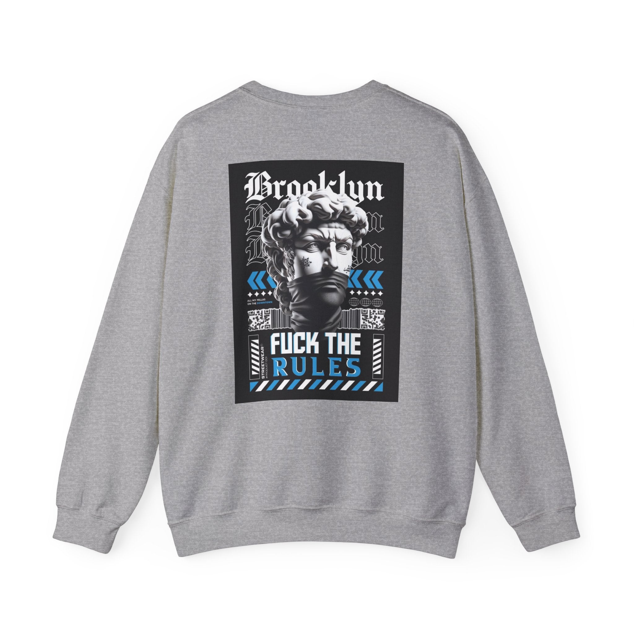 Crewneck Sweatshirt — 'Brooklyn' Statue Graphic with “Fuck the Rules” Streetwear Slogan