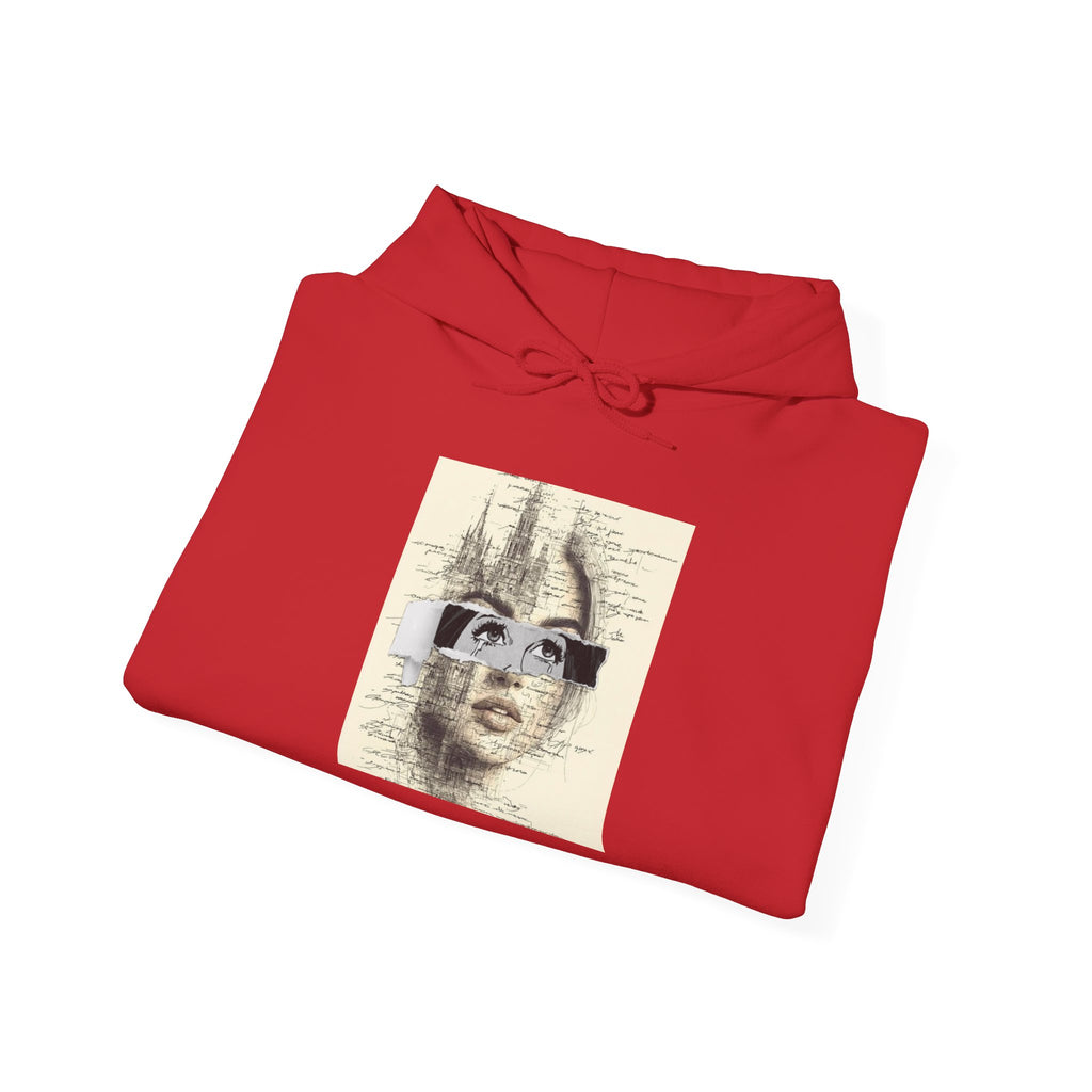 Artistic Face Collage Hoodie — Vintage Script Portrait Sweatshirt