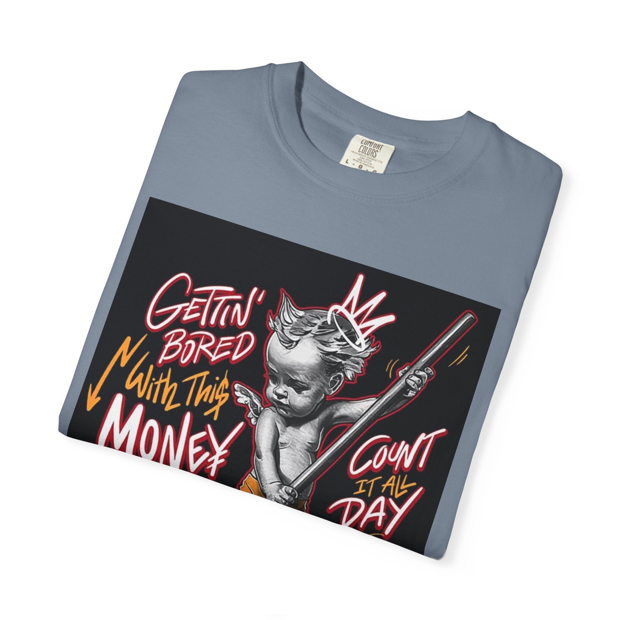 Cat Broomstick Money Tee — "Gettin' Bored With This Money" Graphic T-Shirt